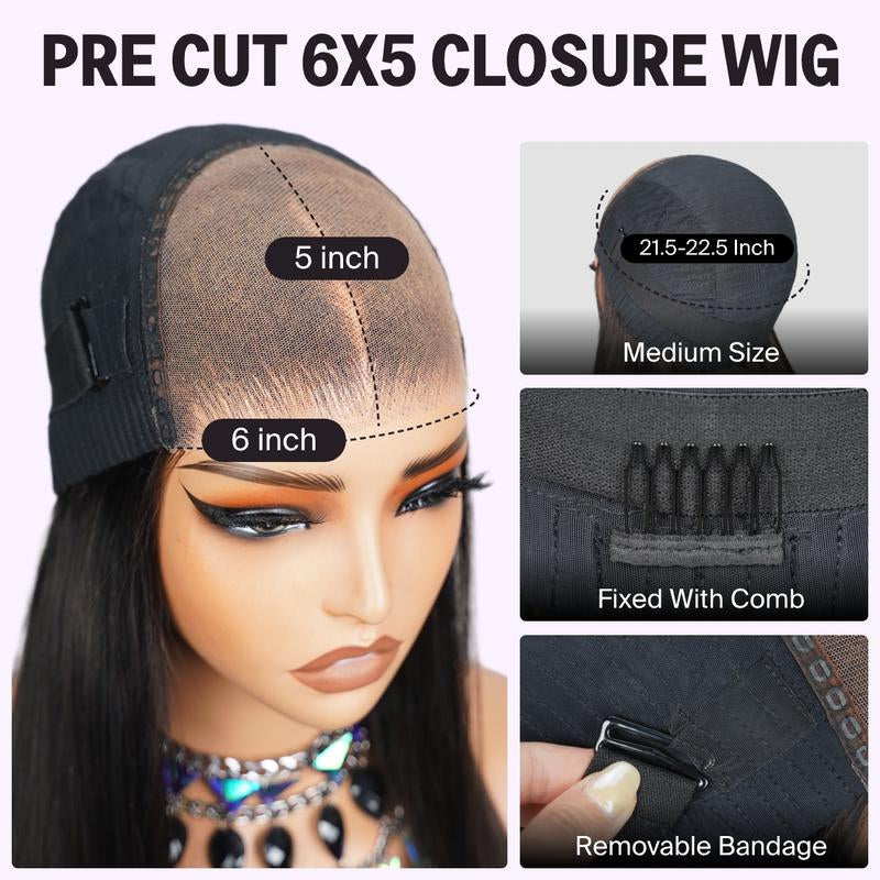 Wear & Go Glueless Wig – Pre-Cut 6x5 HD Lace, Straight Vietnamese Human Hair, Bleached Tiny Knots, Beginner-Friendly