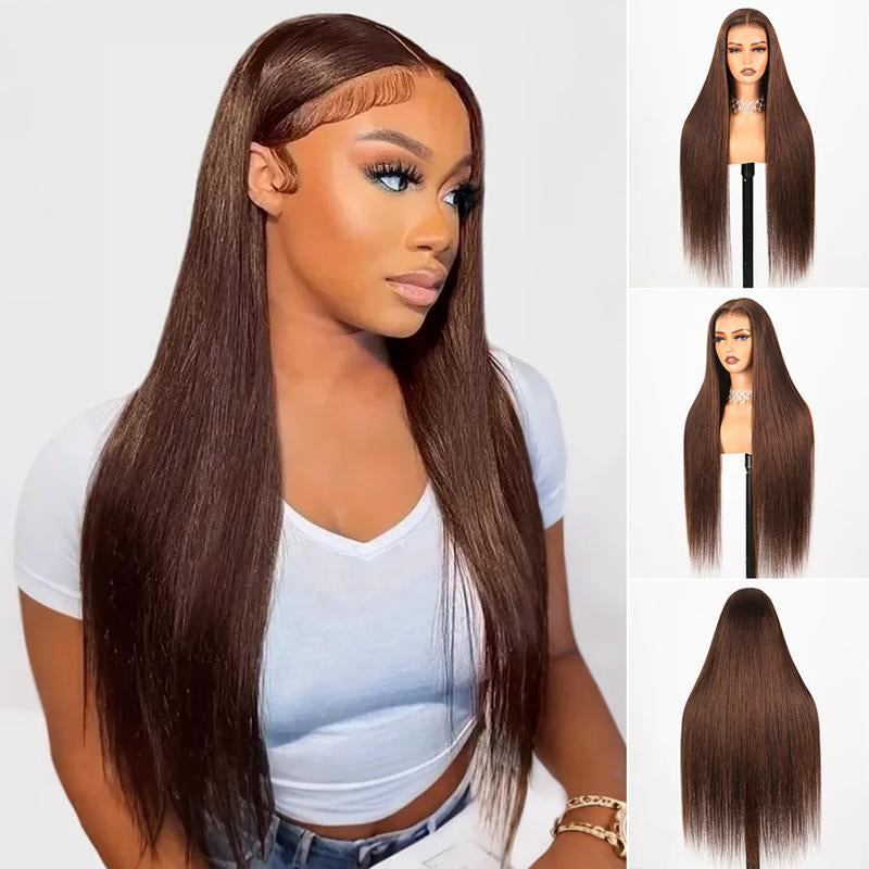 13x6 HD Lace Frontal Wig – Straight, Glueless, Chocolate Brown, Vietnamese Human Hair, Pre-Plucked with Drawstring Band
