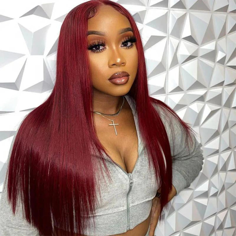  Burgundy 6x5 HD Transparent Lace Front Wig – Straight, Pre-Plucked, Vietnamese Human Hair, 180% Density for Women