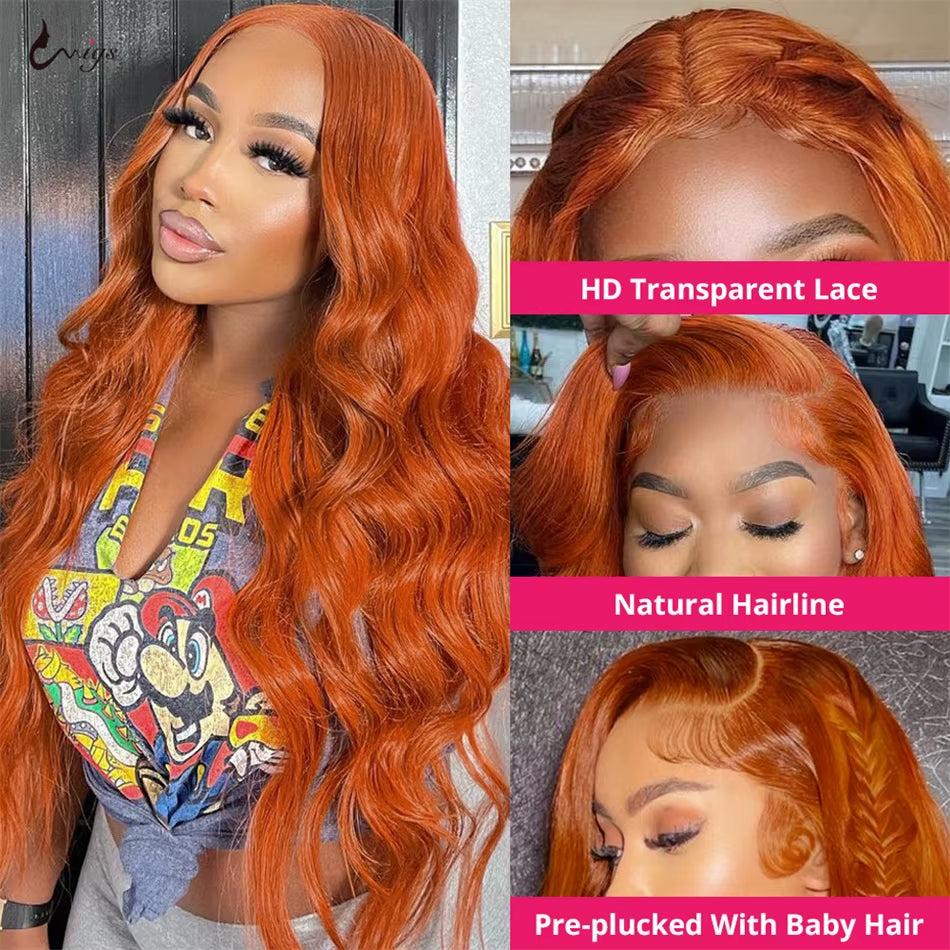 Body Wave Orange Ginger Lace Front Wig 100% Human Hair 30 36 Inch 13X6 Hd Lace Frontal Wigs 13X4 Brazilian Colored Wigs