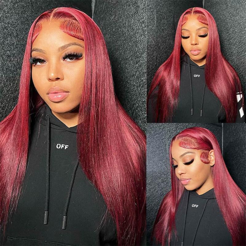  Burgundy 6x5 HD Transparent Lace Front Wig – Straight, Pre-Plucked, Vietnamese Human Hair, 180% Density for Women