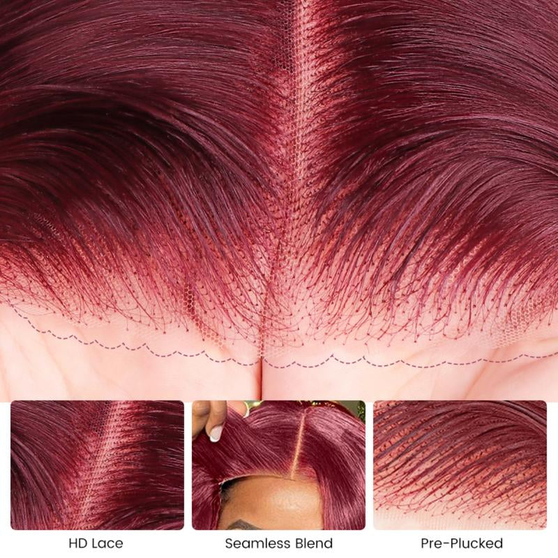  Burgundy 6x5 HD Transparent Lace Front Wig – Straight, Pre-Plucked, Vietnamese Human Hair, 180% Density for Women